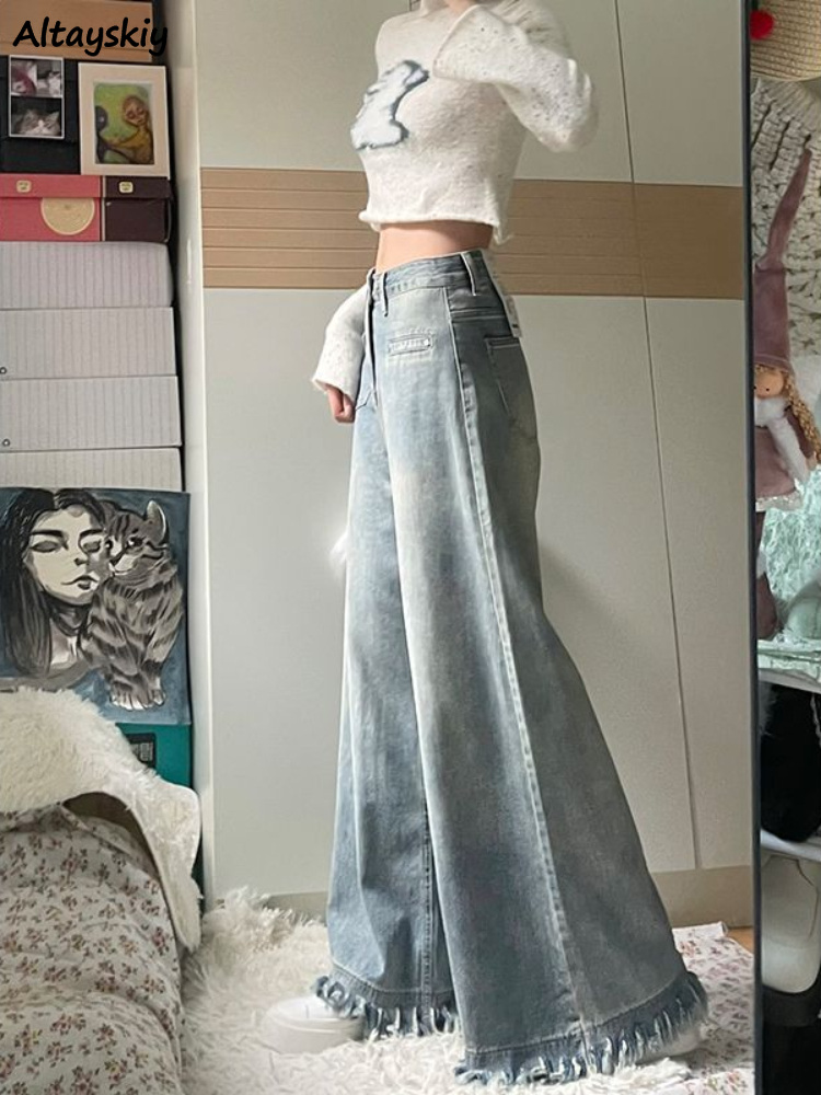Street Fashion Kpop - Tassel Women Jeans Denim Trousers Washed