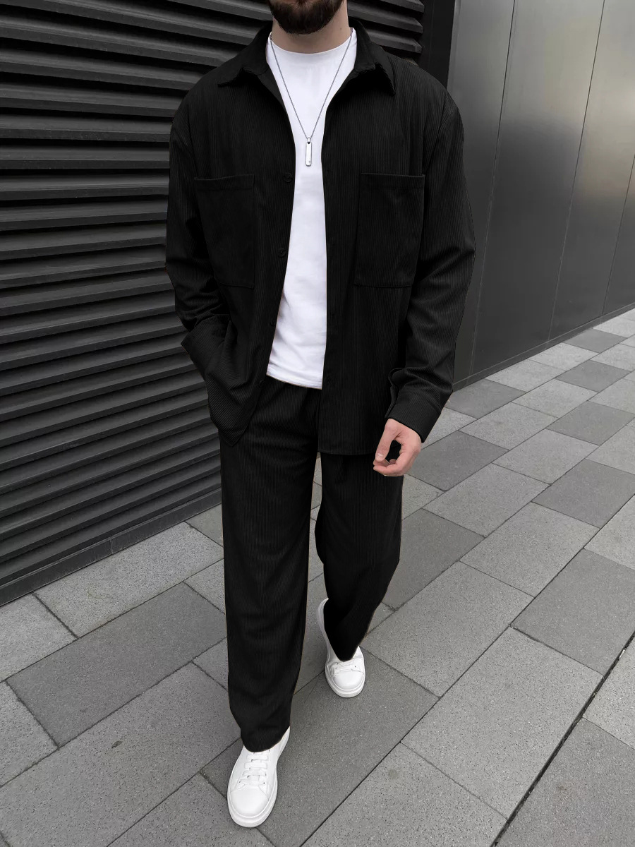 Street For Fashion - Men's corduroy two-piece outfit: long-sleeved button-down