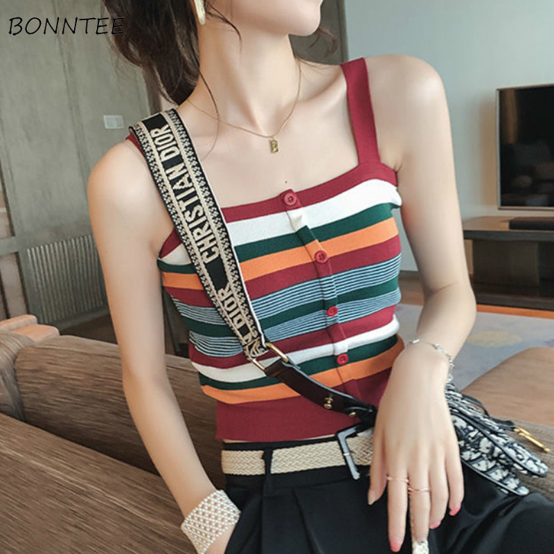 Street Fashion Kpop - Camisole Women Striped Rainbow Color Ulzzang