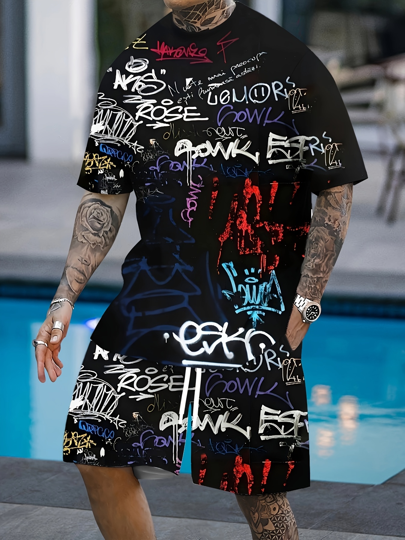 2026 Summer New Men's Short-Sl - مراجعة Street Fashion Graffiti وسعره